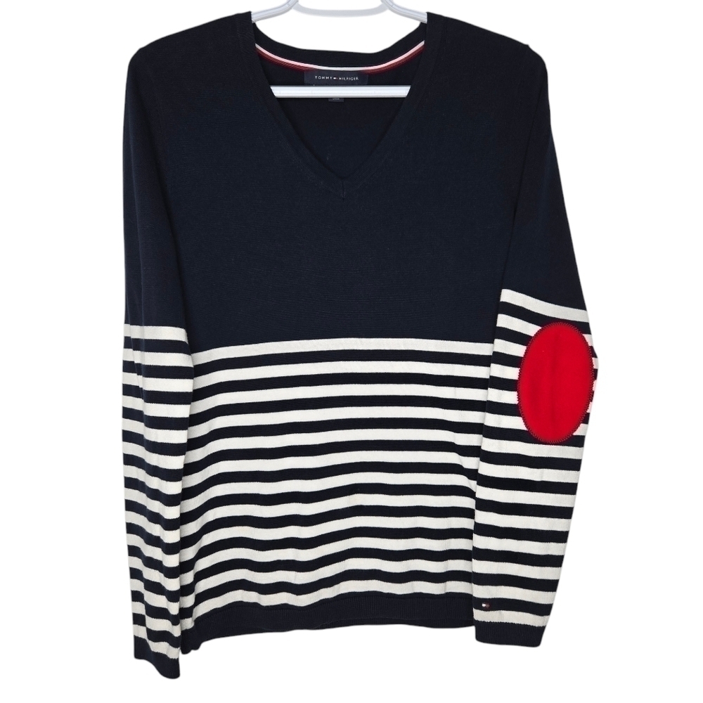 Tommy Hilfiger Womens Navy Blue Striped V Neck Cotton Knit Sweater Small P